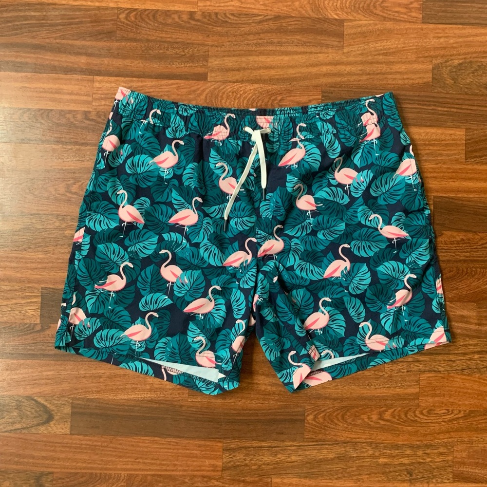 Resort Men XL Flamingo Palm Leaf Blue Pink Drawstring Lined SwimTrunks RN 152647